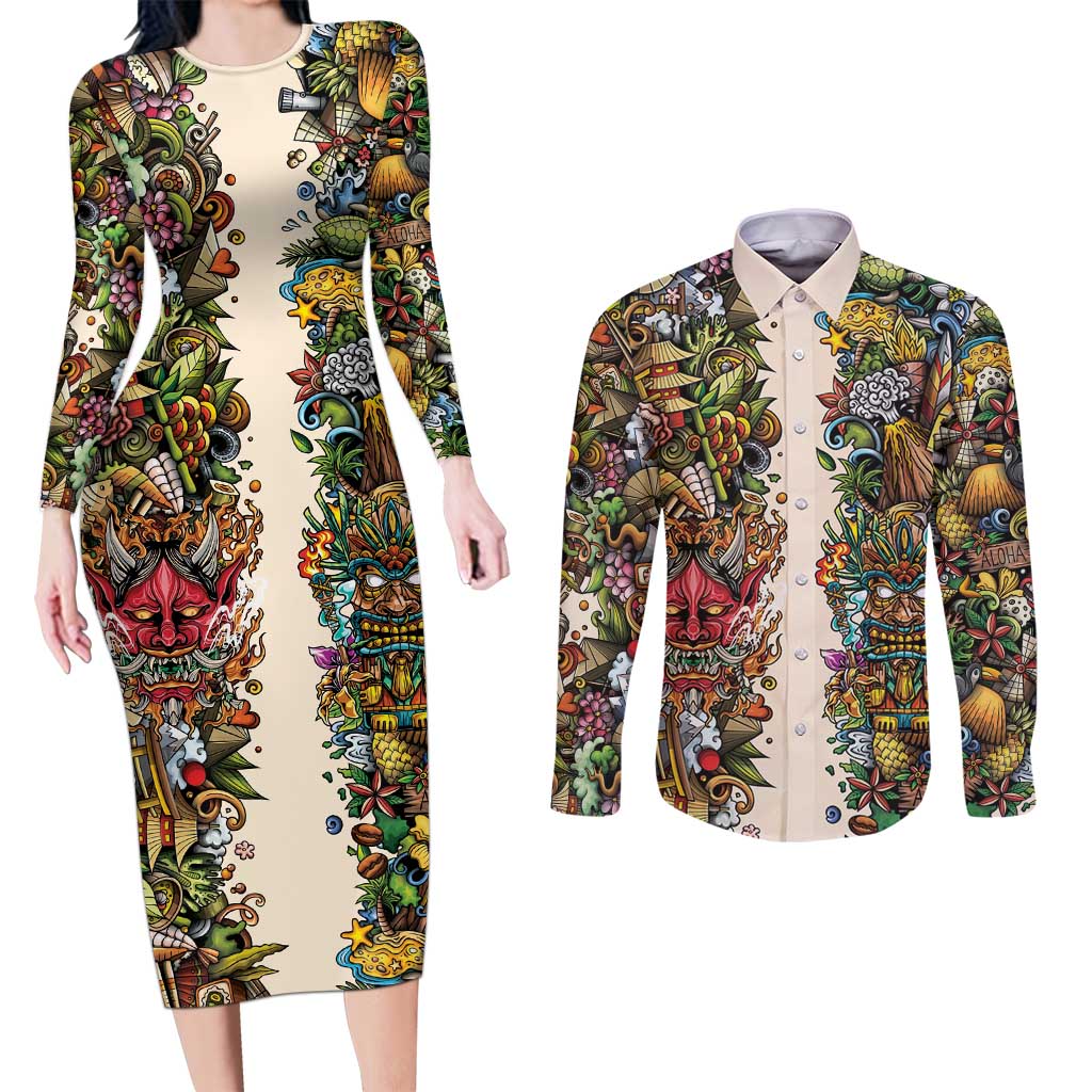 Hawaii And Japan Couples Matching Long Sleeve Bodycon Dress and Long Sleeve Button Shirt Tiki With Oni Mask LT05 Colorful - Polynesian Pride
