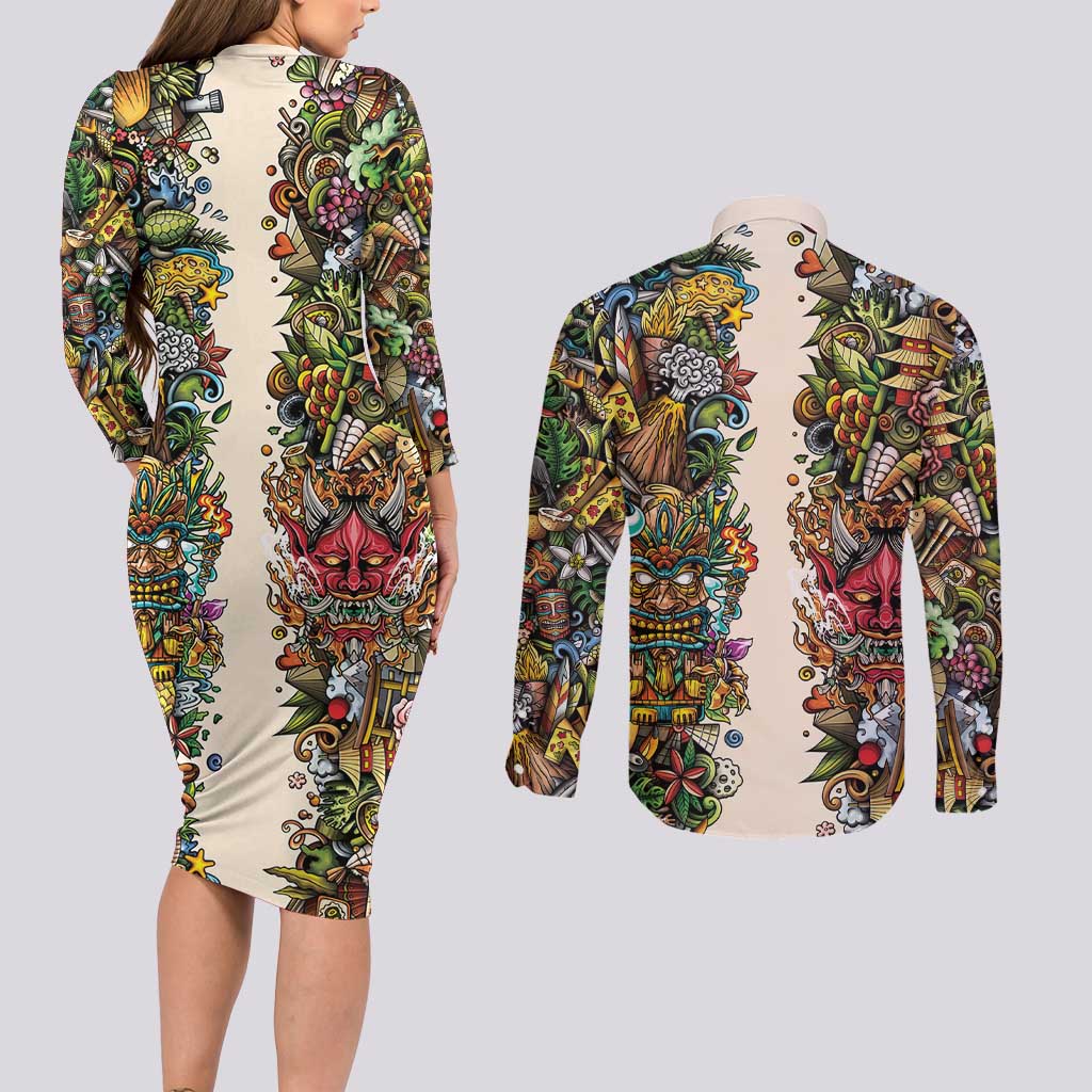 Hawaii And Japan Couples Matching Long Sleeve Bodycon Dress and Long Sleeve Button Shirt Tiki With Oni Mask LT05 - Polynesian Pride