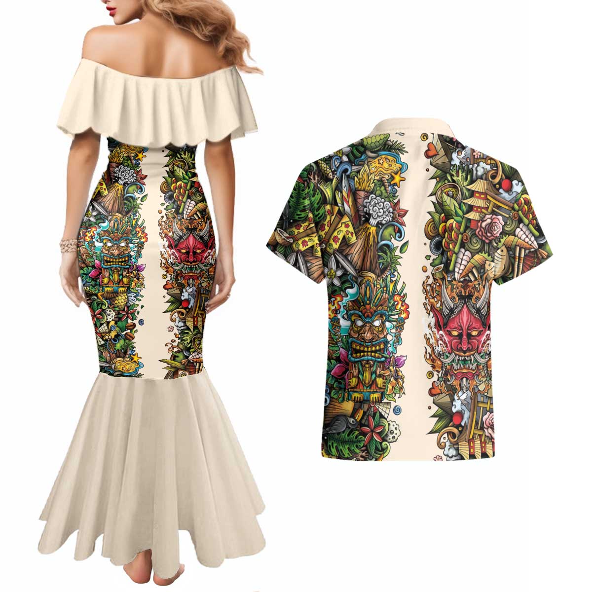 Hawaii And Japan Couples Matching Mermaid Dress and Hawaiian Shirt Tiki With Oni Mask LT05 - Polynesian Pride