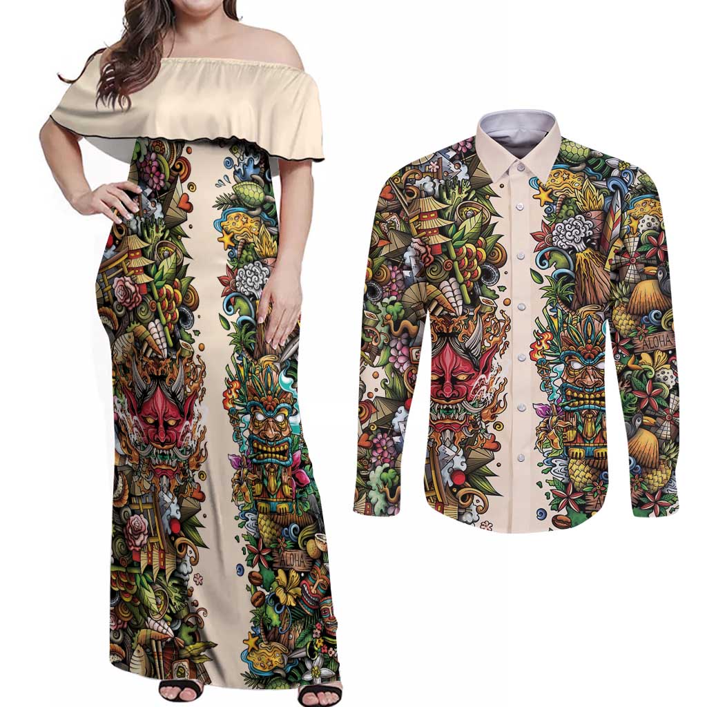Hawaii And Japan Couples Matching Off Shoulder Maxi Dress and Long Sleeve Button Shirt Tiki With Oni Mask LT05 Colorful - Polynesian Pride