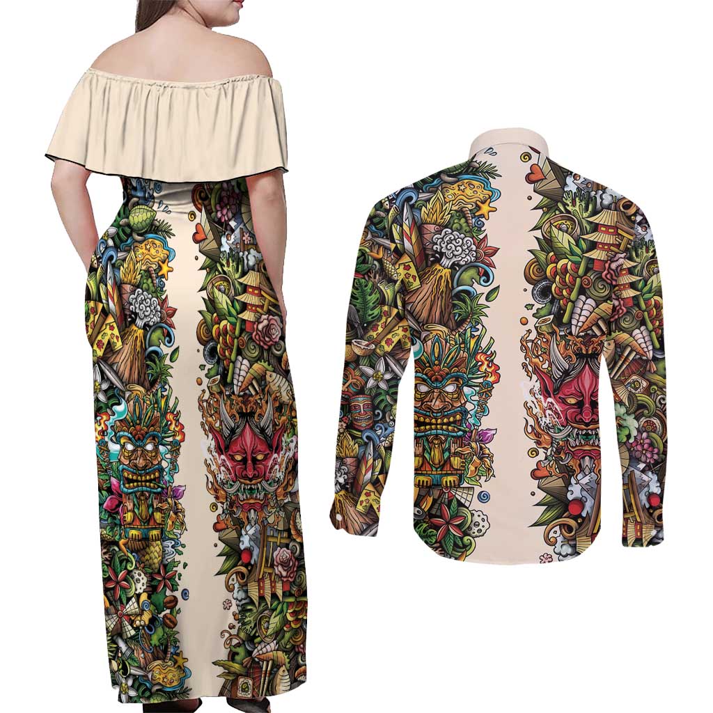 Hawaii And Japan Couples Matching Off Shoulder Maxi Dress and Long Sleeve Button Shirt Tiki With Oni Mask LT05 - Polynesian Pride