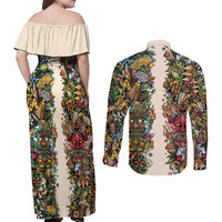 Hawaii And Japan Couples Matching Off Shoulder Maxi Dress and Long Sleeve Button Shirt Tiki With Oni Mask LT05 - Polynesian Pride