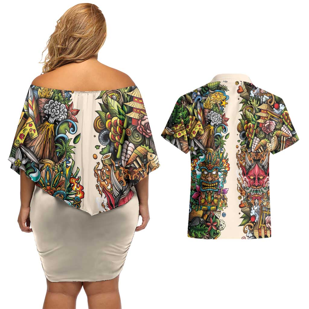 Hawaii And Japan Couples Matching Off Shoulder Short Dress and Hawaiian Shirt Tiki With Oni Mask LT05 - Polynesian Pride