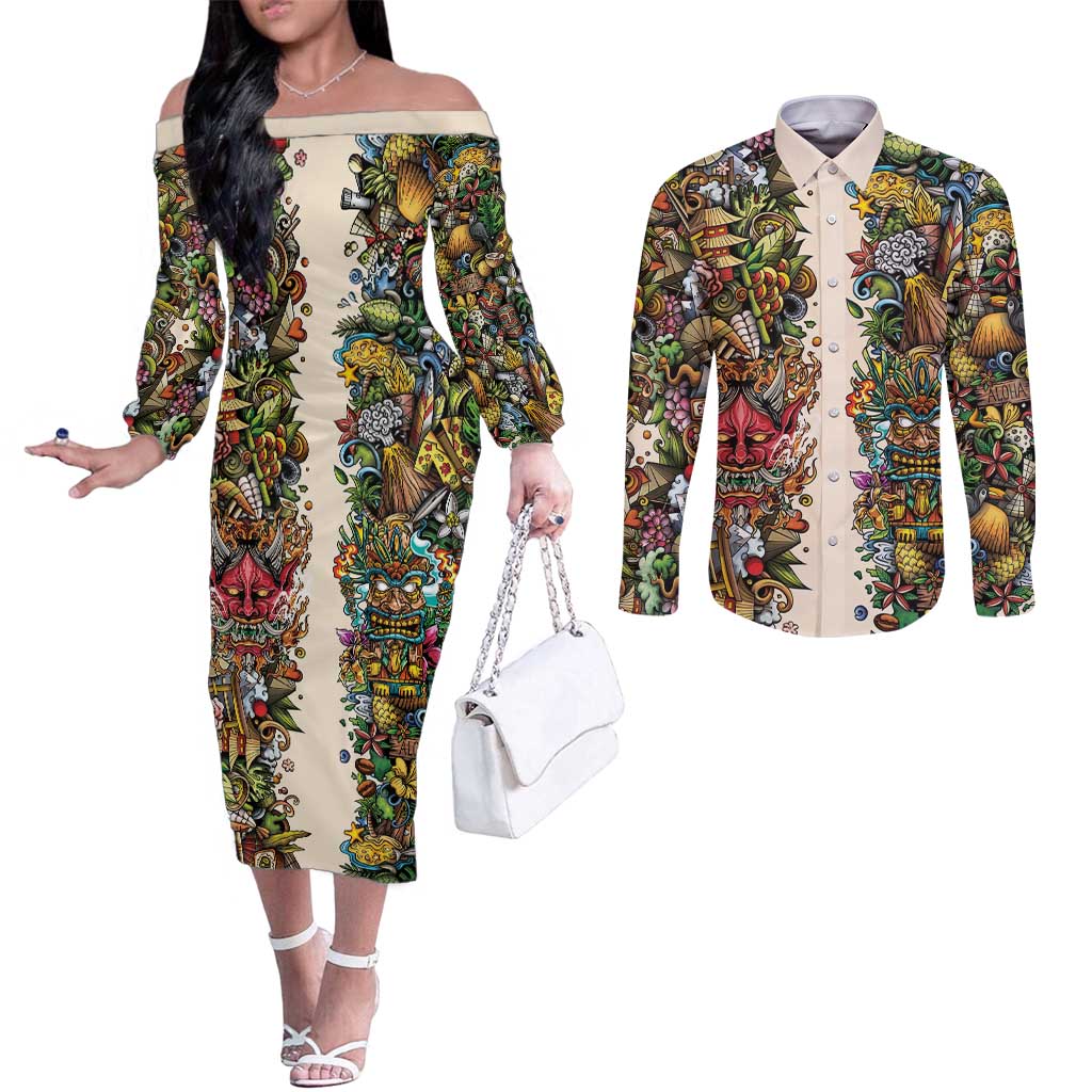 Hawaii And Japan Couples Matching Off The Shoulder Long Sleeve Dress and Long Sleeve Button Shirt Tiki With Oni Mask LT05 Colorful - Polynesian Pride