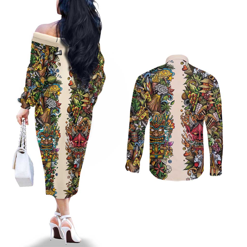 Hawaii And Japan Couples Matching Off The Shoulder Long Sleeve Dress and Long Sleeve Button Shirt Tiki With Oni Mask LT05 - Polynesian Pride