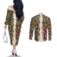 Hawaii And Japan Couples Matching Off The Shoulder Long Sleeve Dress and Long Sleeve Button Shirt Tiki With Oni Mask LT05 - Polynesian Pride