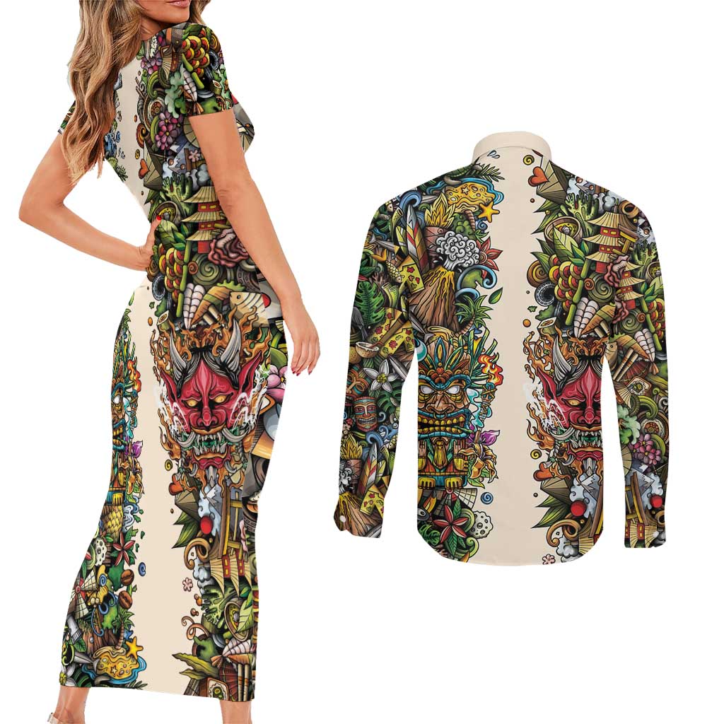 Hawaii And Japan Couples Matching Short Sleeve Bodycon Dress and Long Sleeve Button Shirt Tiki With Oni Mask - Polynesian Pride