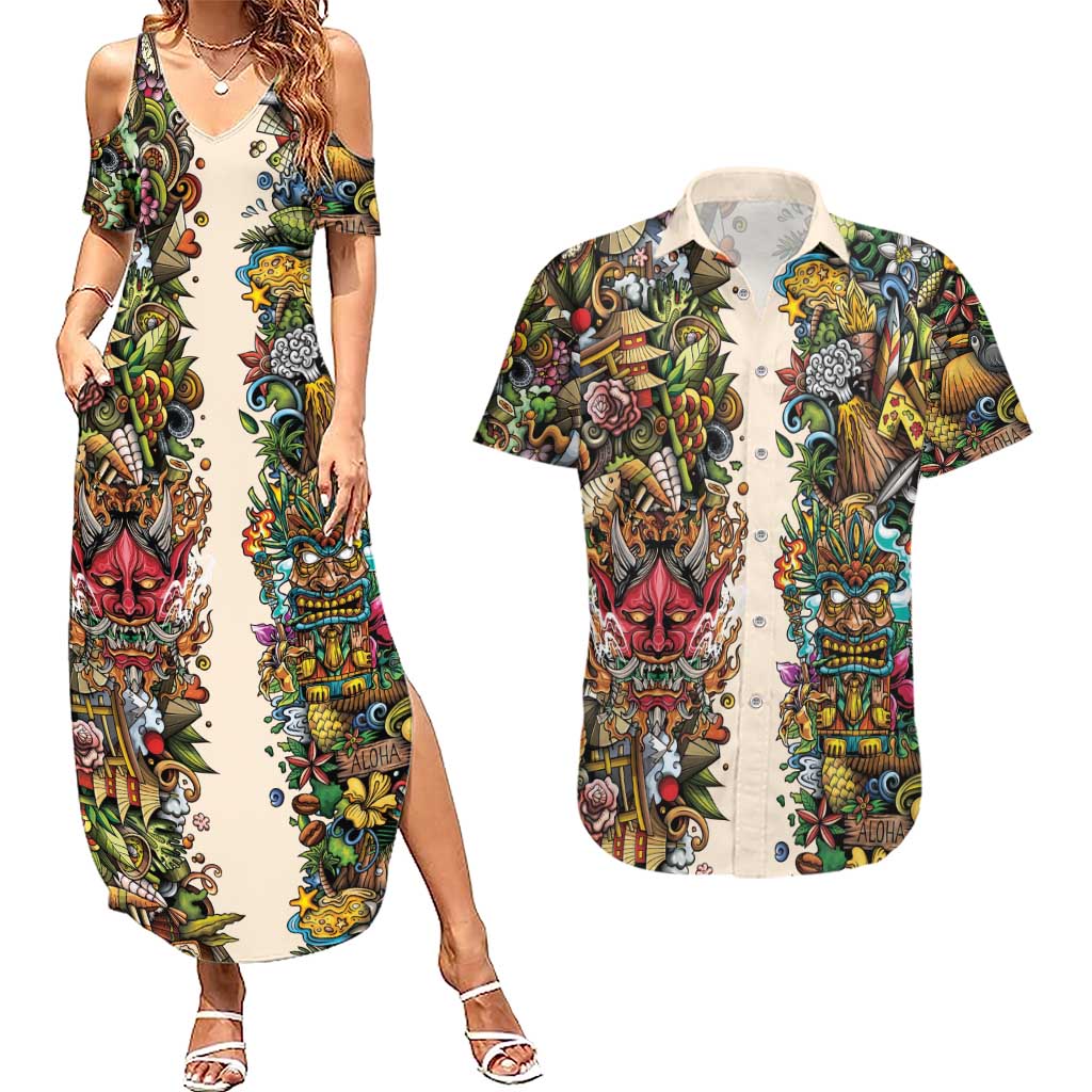 Hawaii And Japan Couples Matching Summer Maxi Dress and Hawaiian Shirt Tiki With Oni Mask - Polynesian Pride