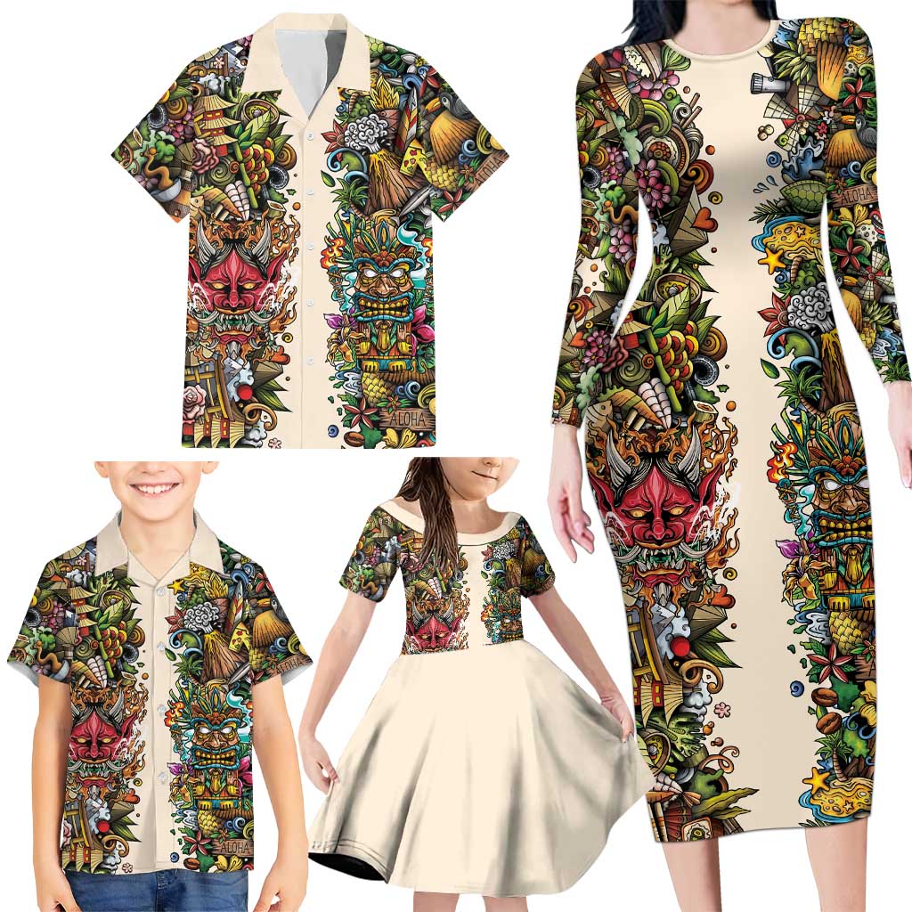 Hawaii And Japan Family Matching Long Sleeve Bodycon Dress and Hawaiian Shirt Tiki With Oni Mask - Polynesian Pride