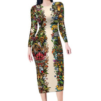Hawaii And Japan Family Matching Long Sleeve Bodycon Dress and Hawaiian Shirt Tiki With Oni Mask - Polynesian Pride