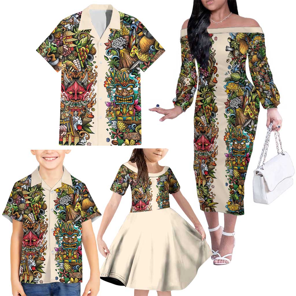 Hawaii And Japan Family Matching Off The Shoulder Long Sleeve Dress and Hawaiian Shirt Tiki With Oni Mask - Polynesian Pride