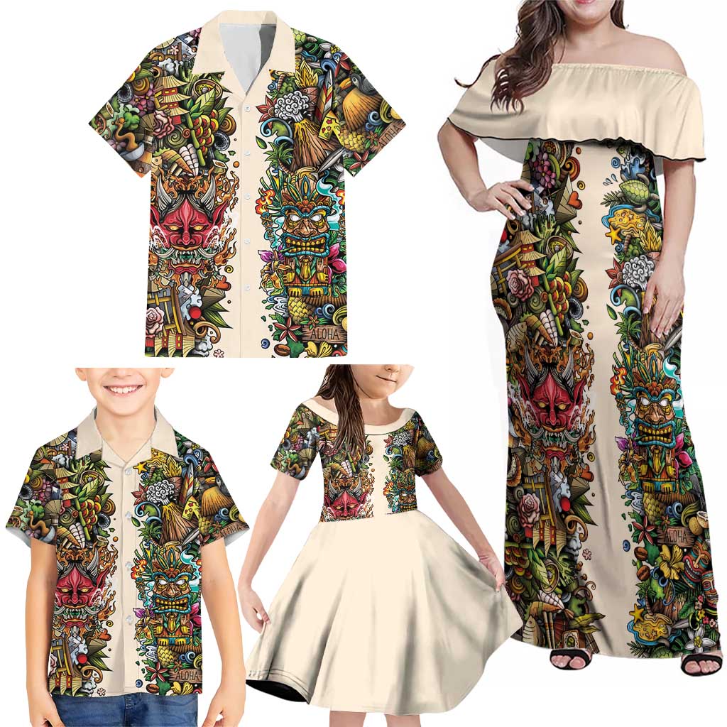 Hawaii And Japan Family Matching Off Shoulder Maxi Dress and Hawaiian Shirt Tiki With Oni Mask - Polynesian Pride