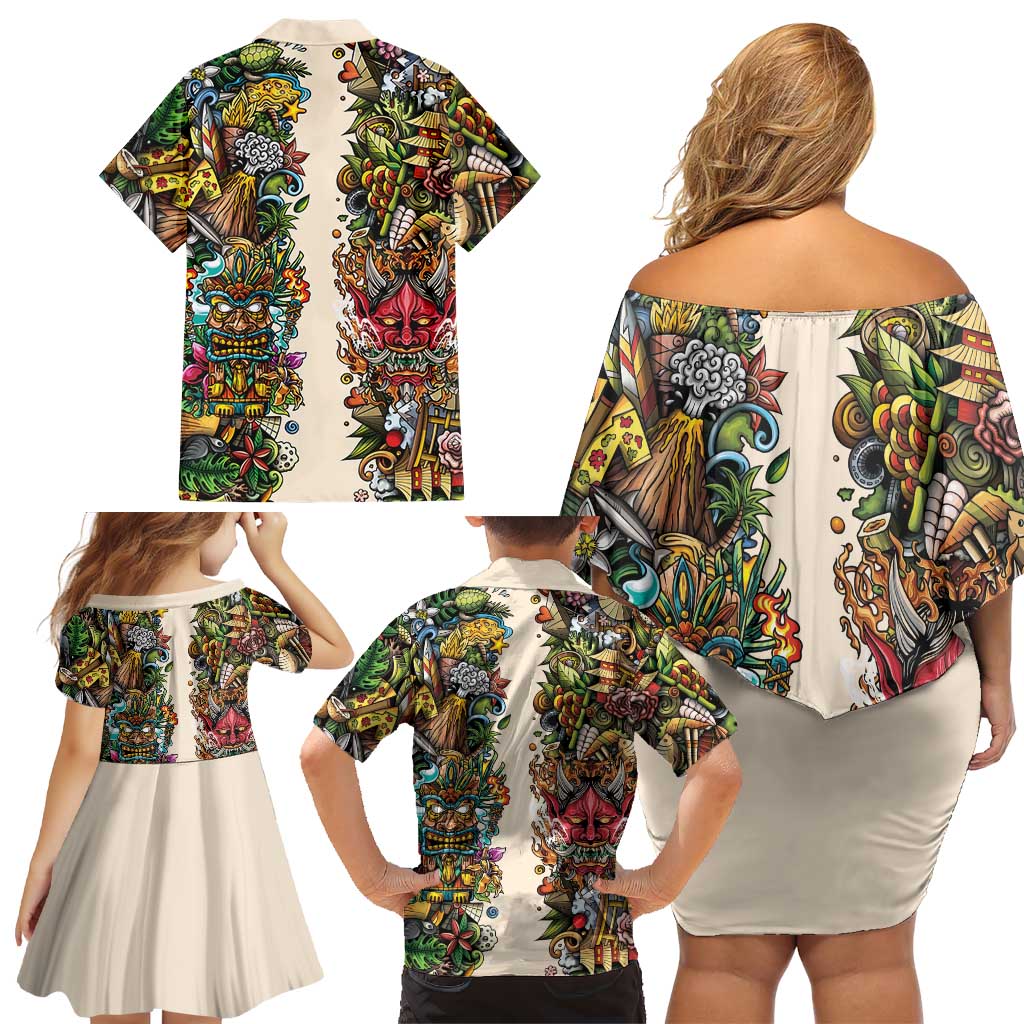 Hawaii And Japan Family Matching Off Shoulder Short Dress and Hawaiian Shirt Tiki With Oni Mask - Polynesian Pride