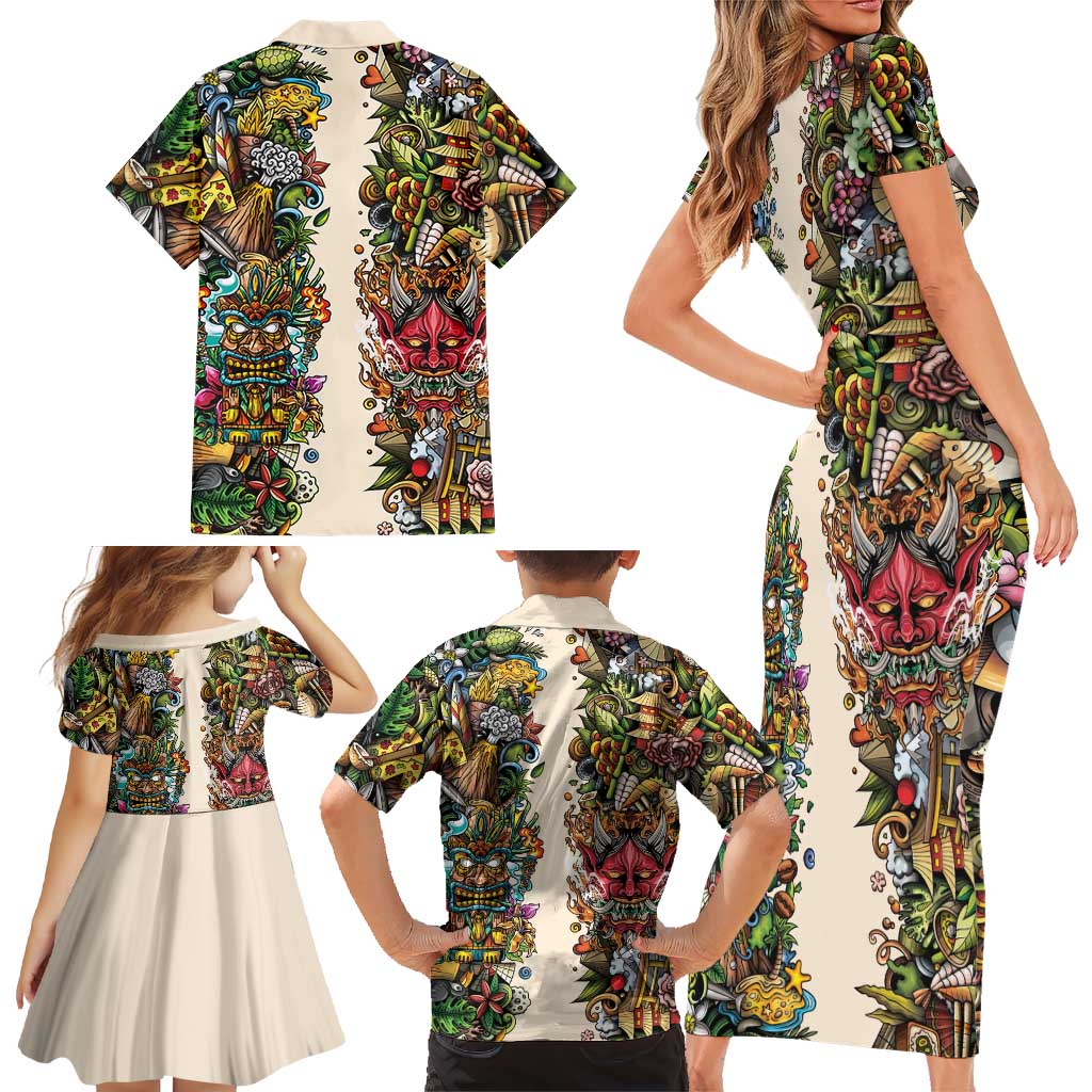 Hawaii And Japan Family Matching Short Sleeve Bodycon Dress and Hawaiian Shirt Tiki With Oni Mask - Polynesian Pride