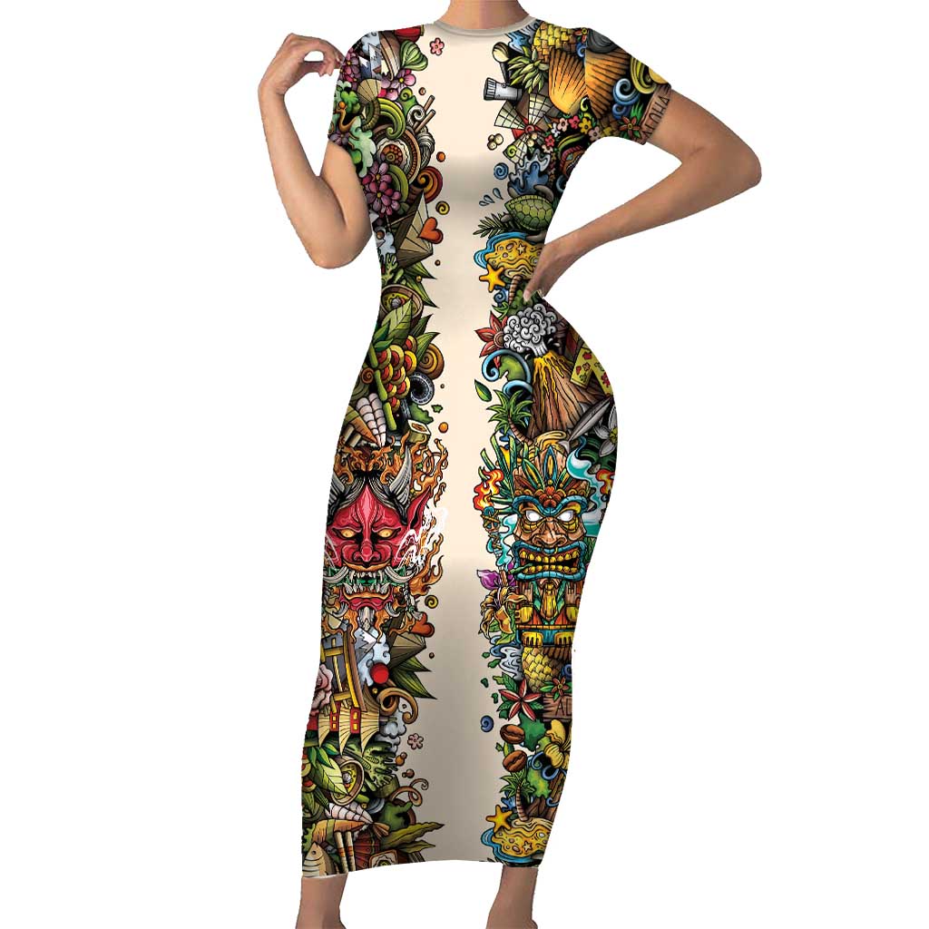 Hawaii And Japan Family Matching Short Sleeve Bodycon Dress and Hawaiian Shirt Tiki With Oni Mask - Polynesian Pride