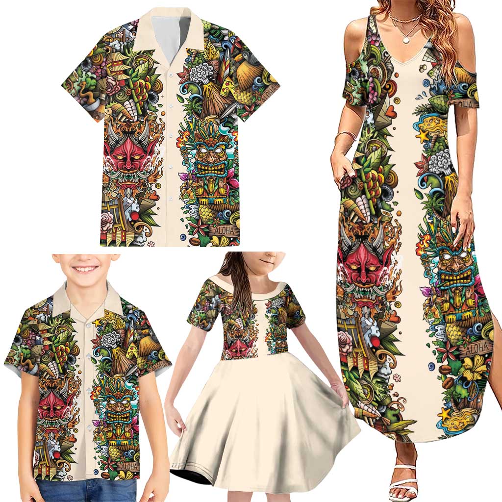 Hawaii And Japan Family Matching Summer Maxi Dress and Hawaiian Shirt Tiki With Oni Mask LT05 - Polynesian Pride