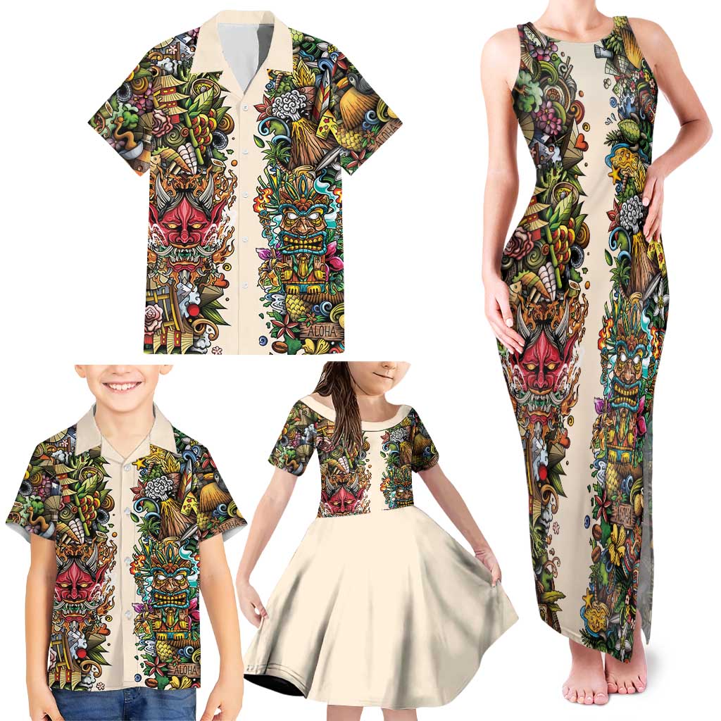 Hawaii And Japan Family Matching Tank Maxi Dress and Hawaiian Shirt Tiki With Oni Mask - Polynesian Pride
