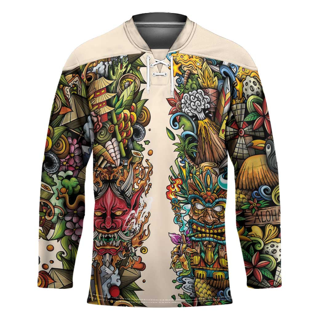 Hawaii And Japan Hockey Jersey Tiki With Oni Mask LT05 Unisex Colorful - Polynesian Pride