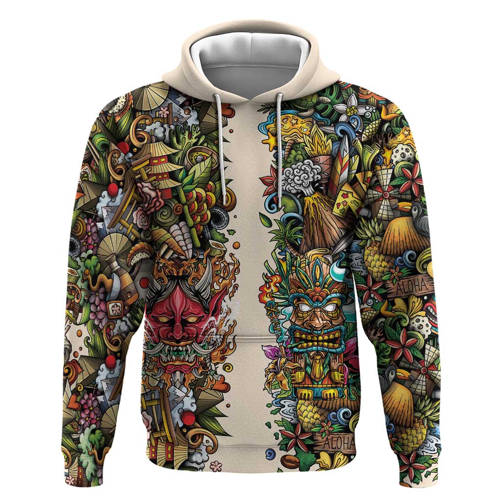 Hawaii And Japan Hoodie Tiki With Oni Mask LT05 Pullover Hoodie Colorful - Polynesian Pride
