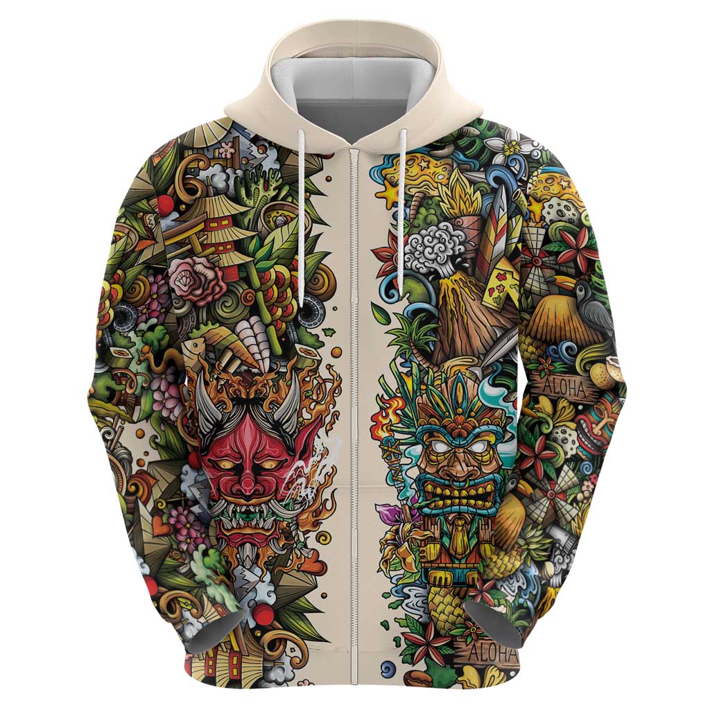 Hawaii And Japan Hoodie Tiki With Oni Mask LT05 - Polynesian Pride