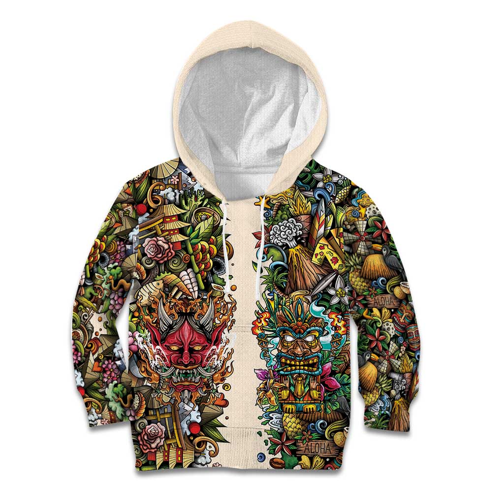 Hawaii And Japan Kid Hoodie Tiki With Oni Mask - Polynesian Pride