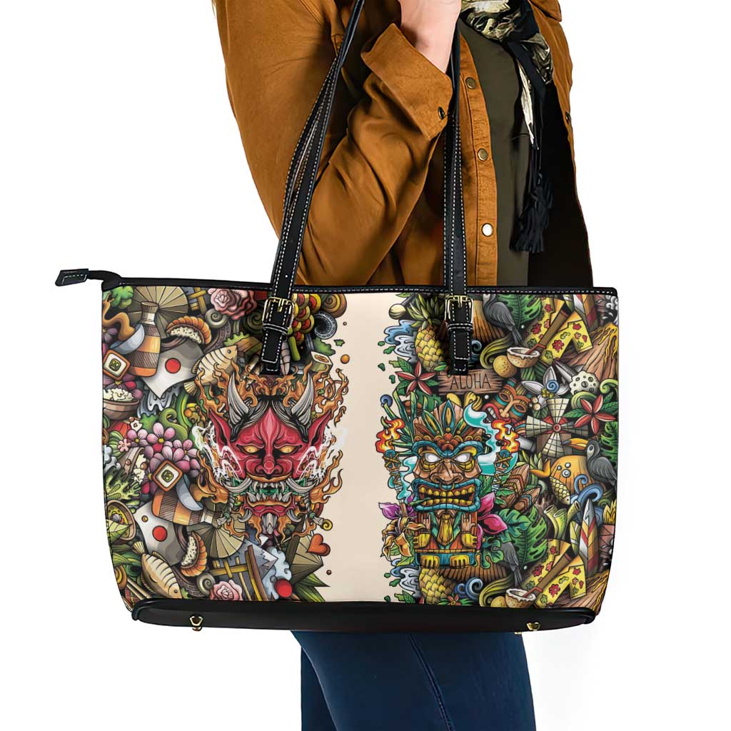 Hawaii And Japan Leather Tote Bag Tiki With Oni Mask LT05 - Polynesian Pride