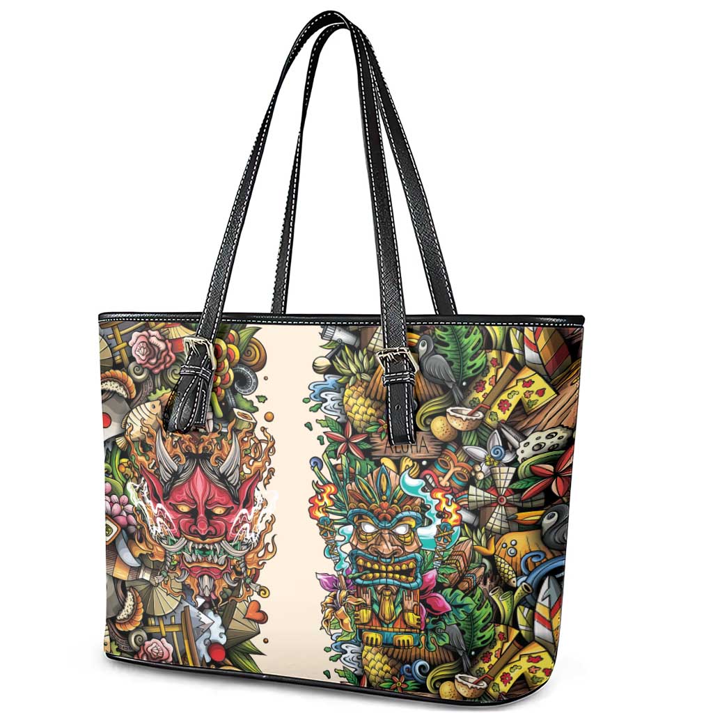 Hawaii And Japan Leather Tote Bag Tiki With Oni Mask LT05 - Polynesian Pride