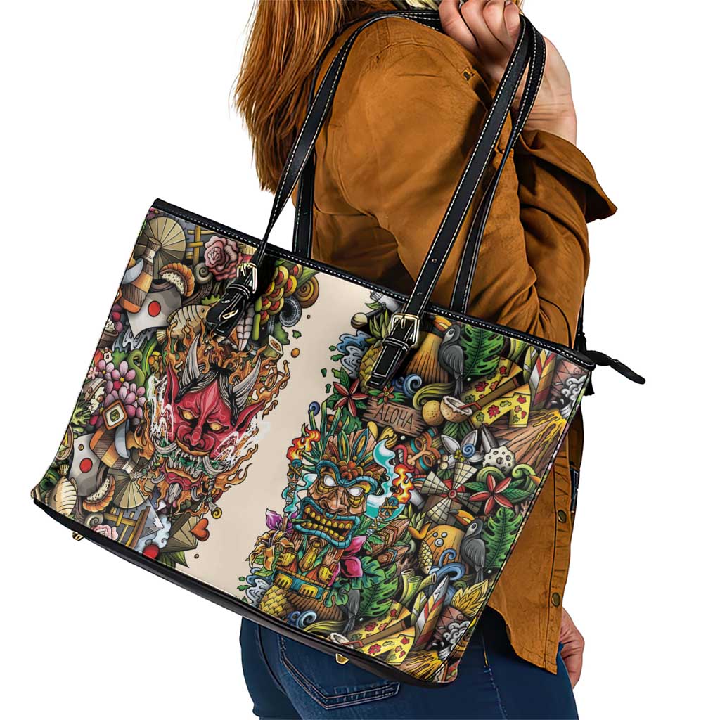 Hawaii And Japan Leather Tote Bag Tiki With Oni Mask LT05 - Polynesian Pride