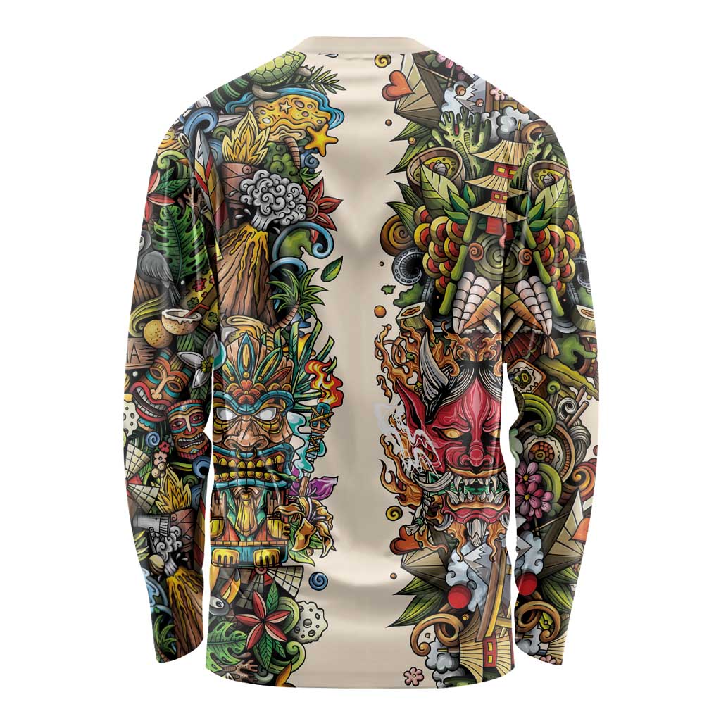 Hawaii And Japan Long Sleeve Shirt Tiki With Oni Mask LT05 - Polynesian Pride