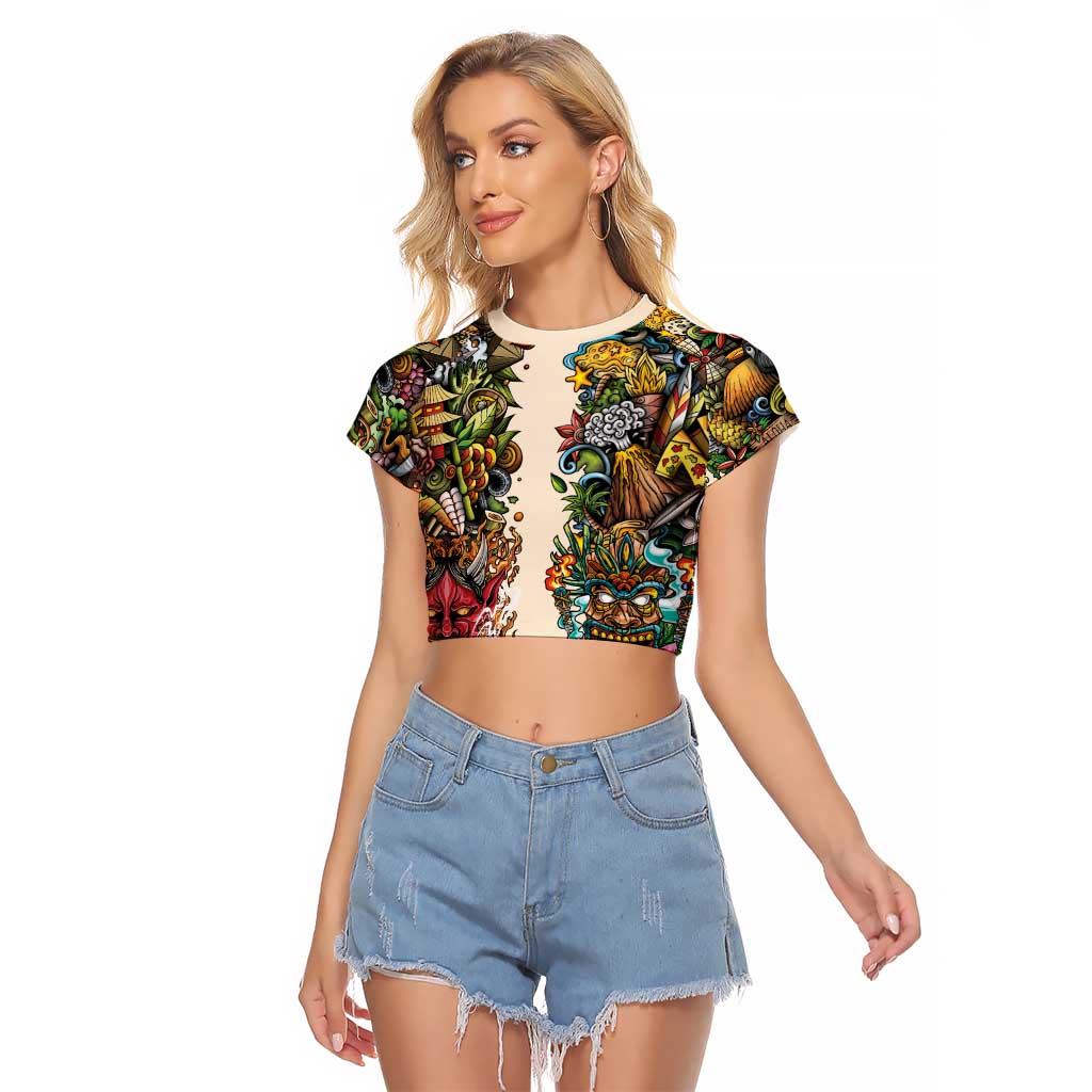 Hawaii And Japan Raglan Cropped T Shirt Tiki With Oni Mask - Polynesian Pride