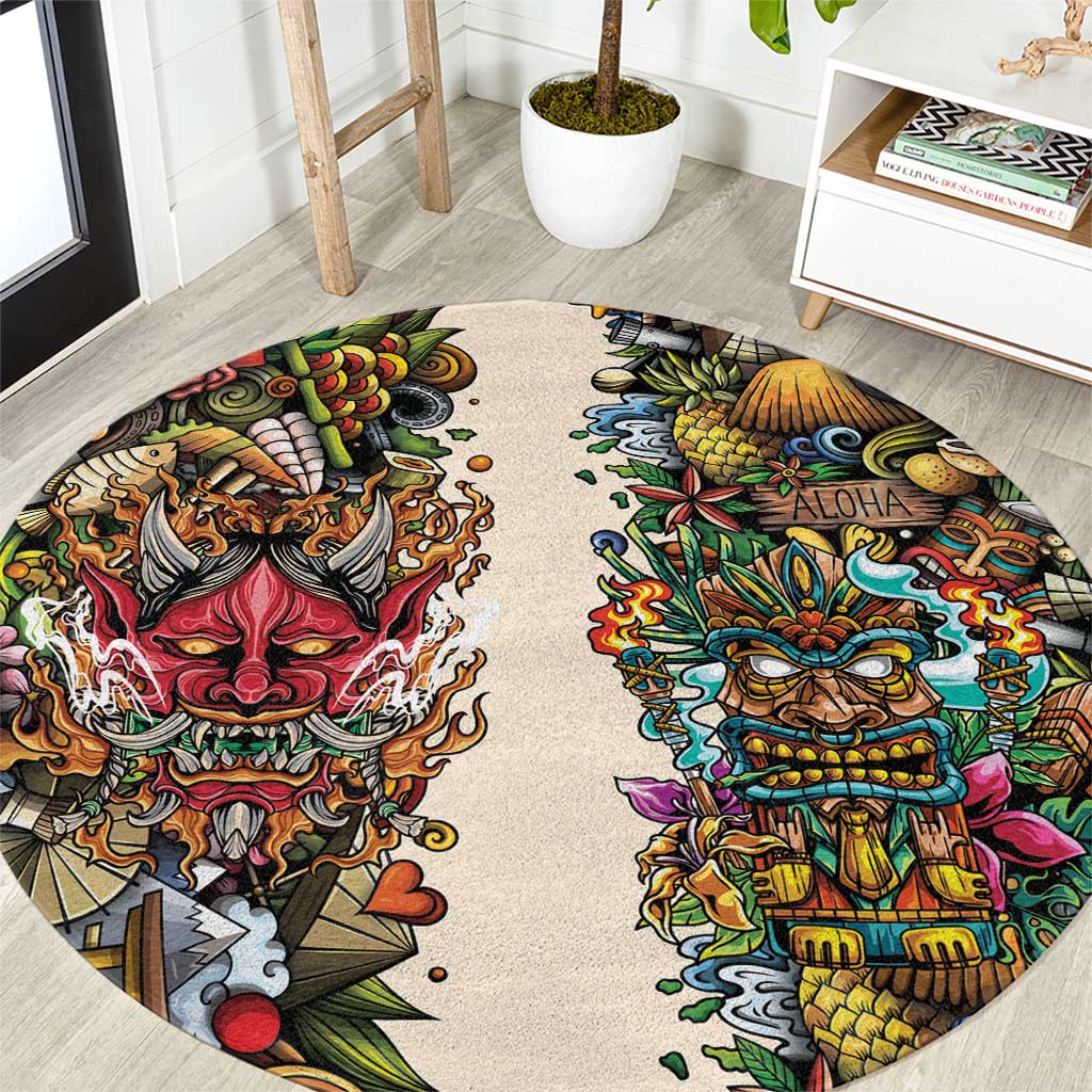 Hawaii And Japan Round Carpet Tiki With Oni Mask LT05 Colorful - Polynesian Pride