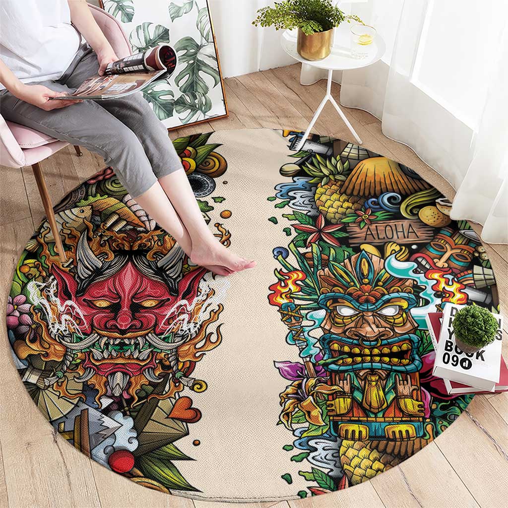 Hawaii And Japan Round Carpet Tiki With Oni Mask LT05 - Polynesian Pride