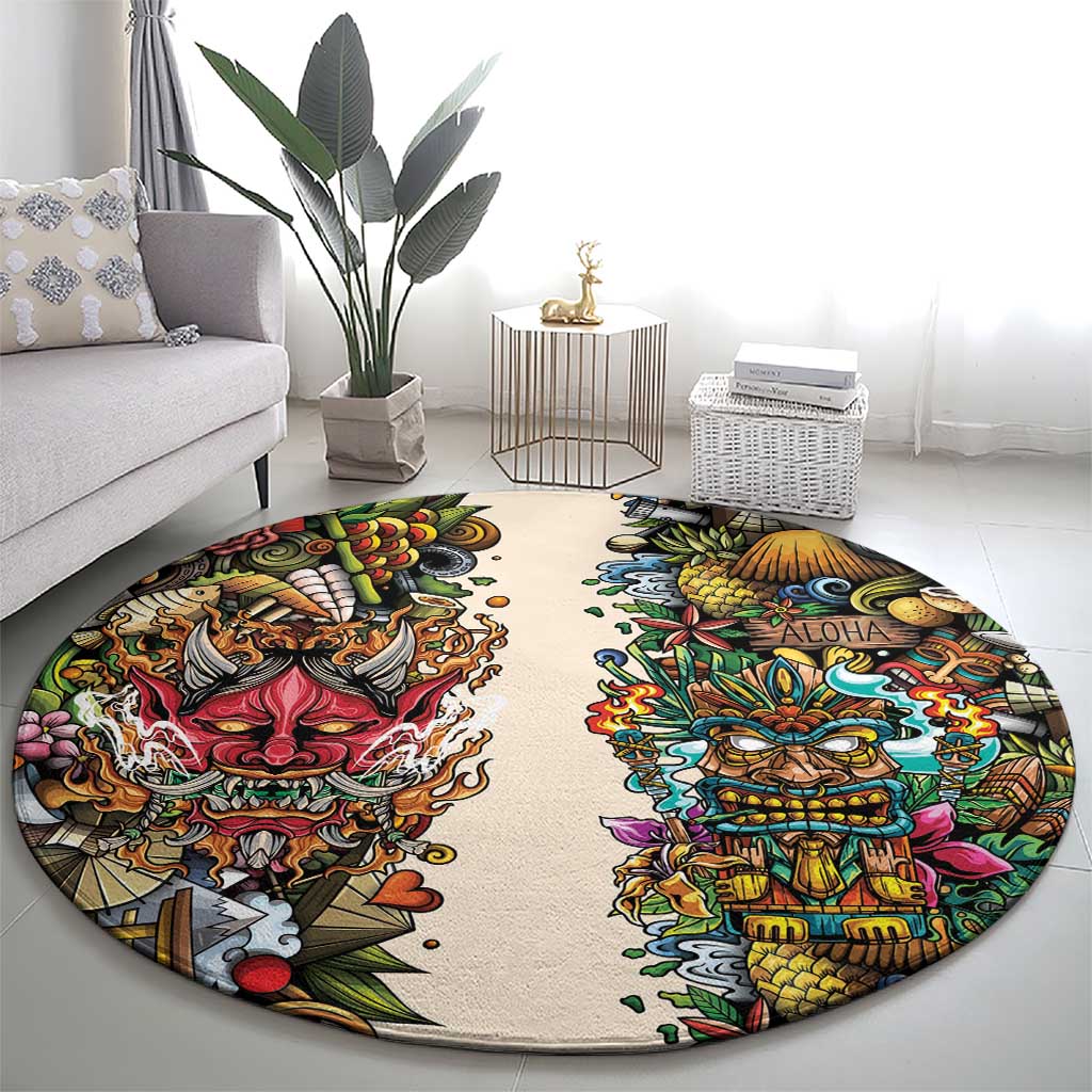 Hawaii And Japan Round Carpet Tiki With Oni Mask LT05 - Polynesian Pride