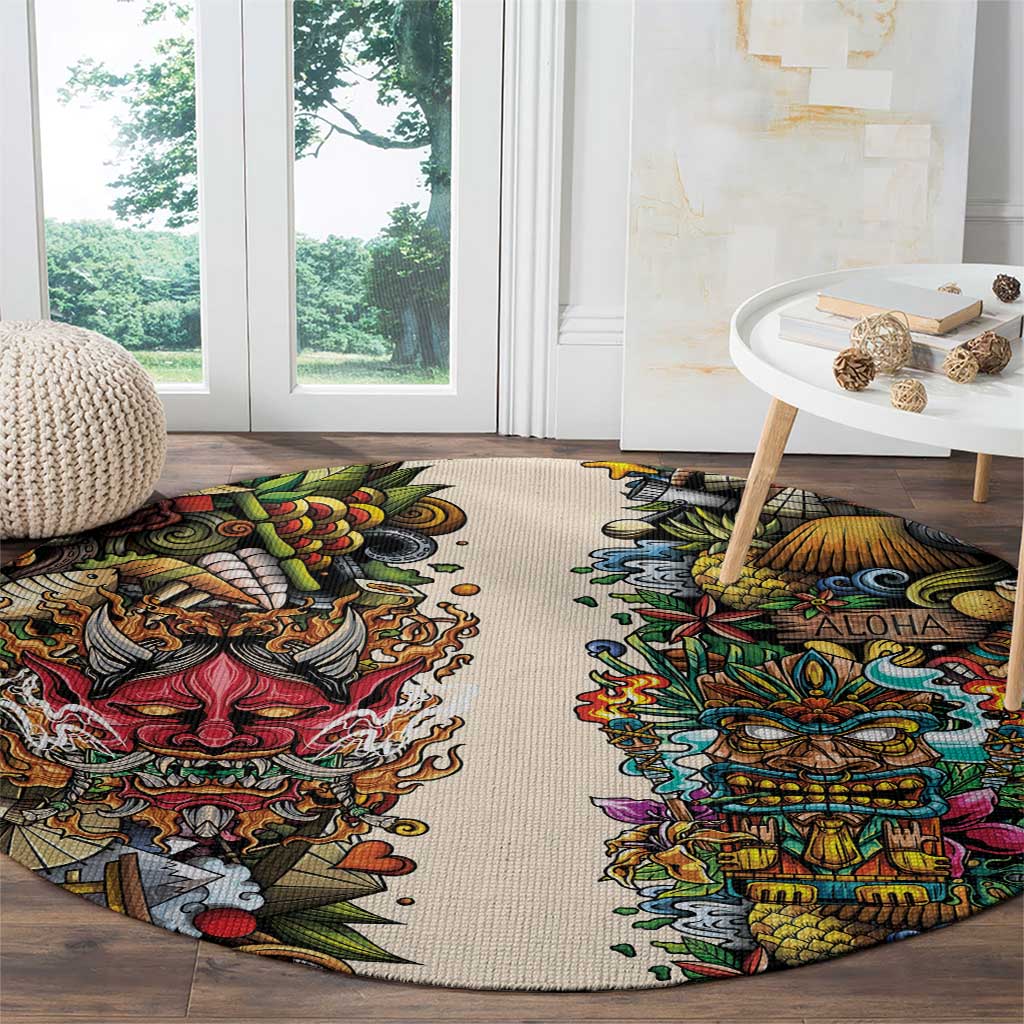 Hawaii And Japan Round Carpet Tiki With Oni Mask LT05 - Polynesian Pride