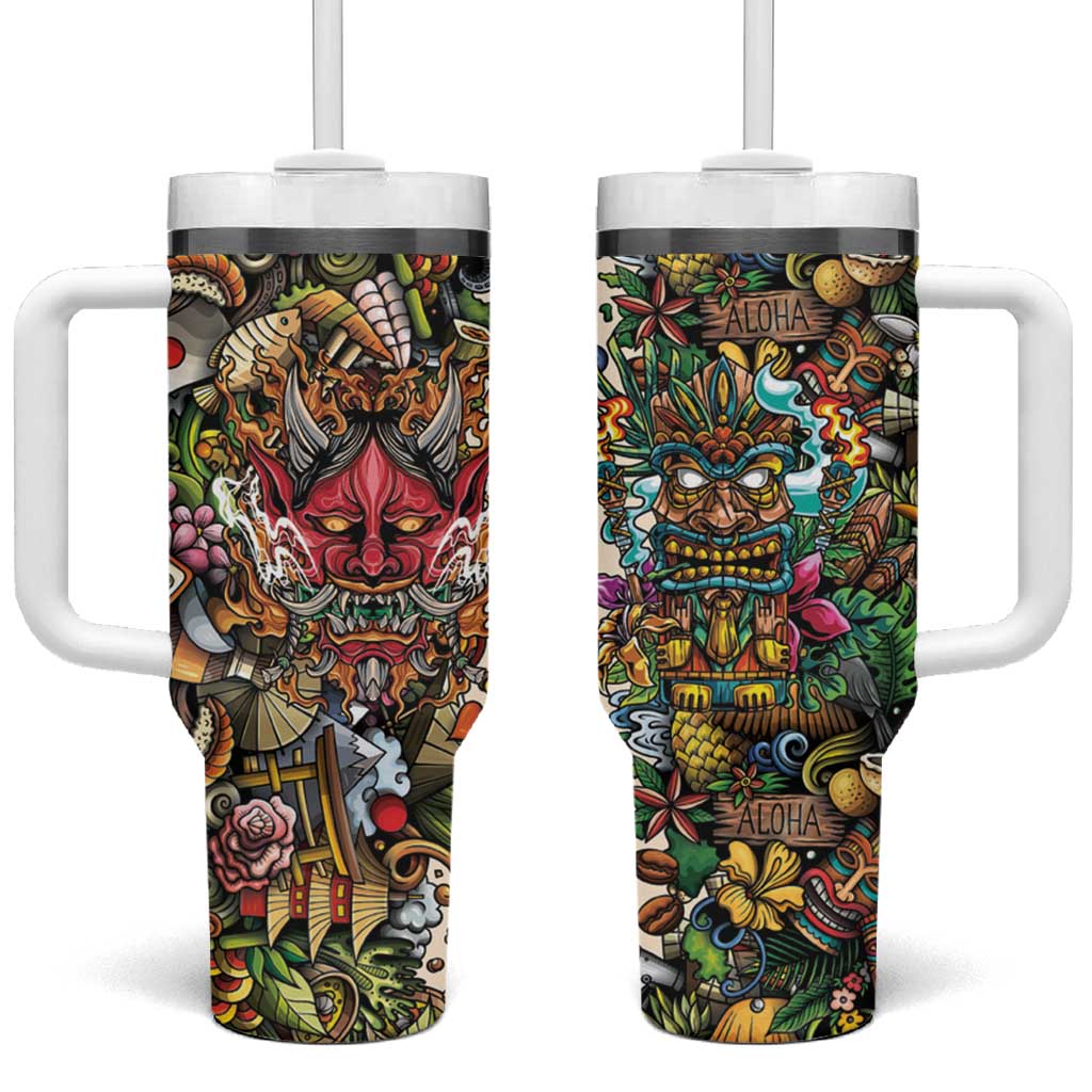 Hawaii And Japan Tumbler With Handle Tiki With Oni Mask LT05 One Size: 40 oz Colorful - Polynesian Pride