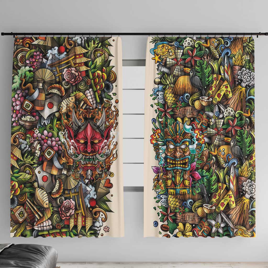 Hawaii And Japan Window Curtain Tiki With Oni Mask LT05 With Hooks Colorful - Polynesian Pride