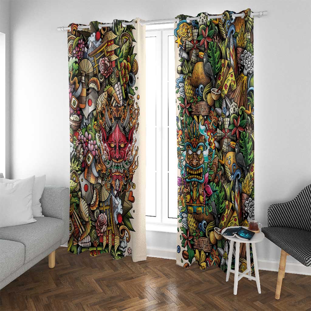 Hawaii And Japan Window Curtain Tiki With Oni Mask LT05 With Grommets Colorful - Polynesian Pride
