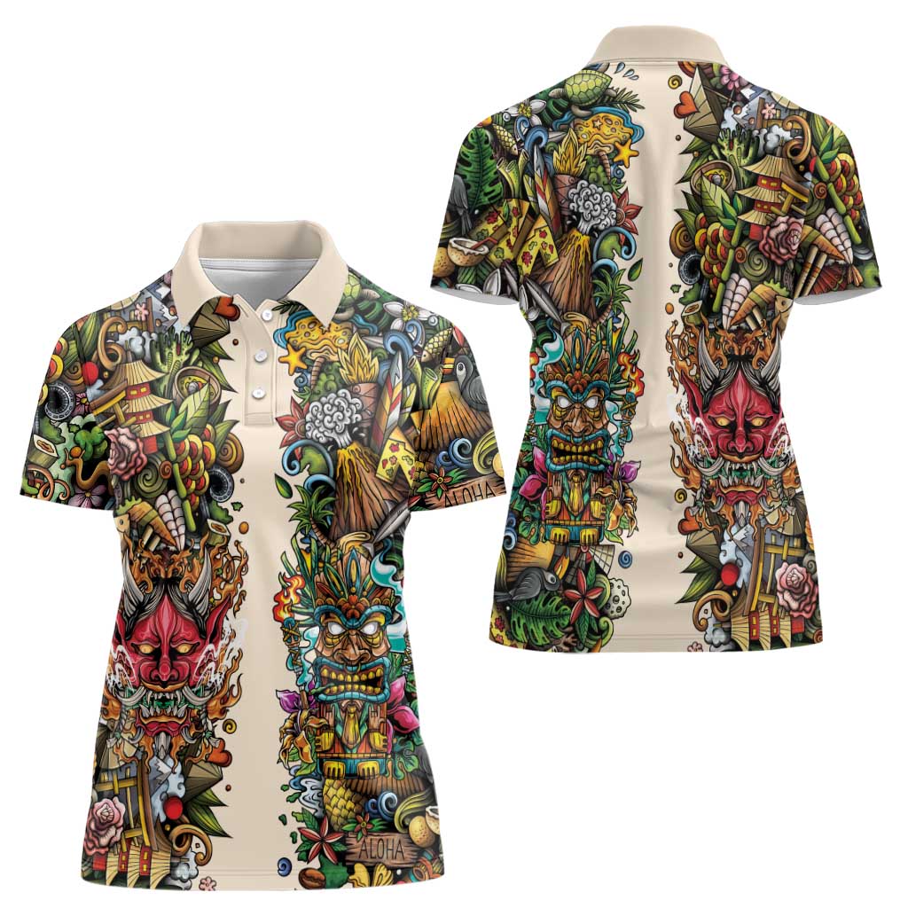 Hawaii And Japan Women Polo Shirt Tiki With Oni Mask - Polynesian Pride