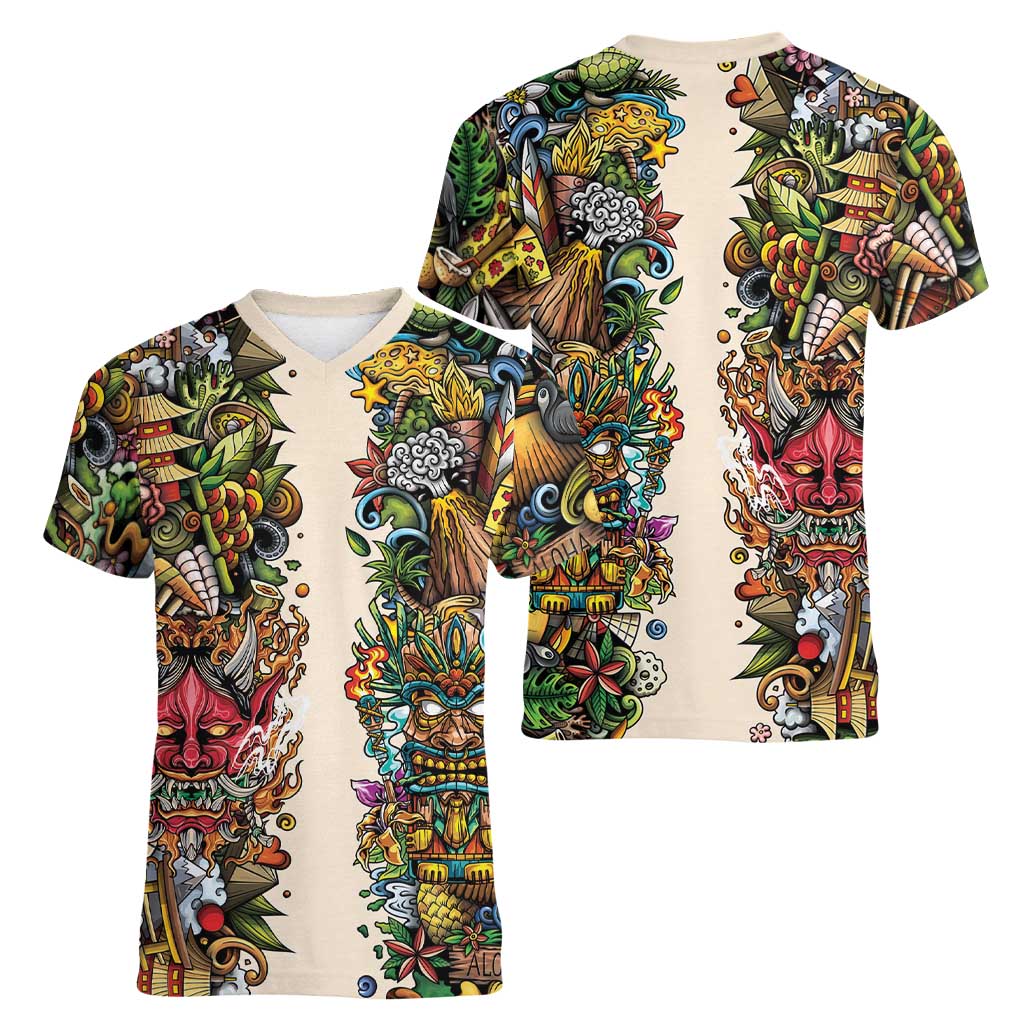 Hawaii And Japan Women V-Neck T-Shirt Tiki With Oni Mask - Polynesian Pride