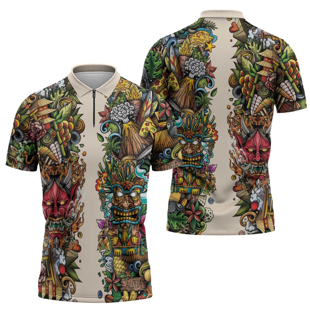 Hawaii And Japan Zipper Polo Shirt Tiki With Oni Mask LT05 - Polynesian Pride