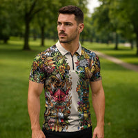 Hawaii And Japan Zipper Polo Shirt Tiki With Oni Mask LT05 - Polynesian Pride