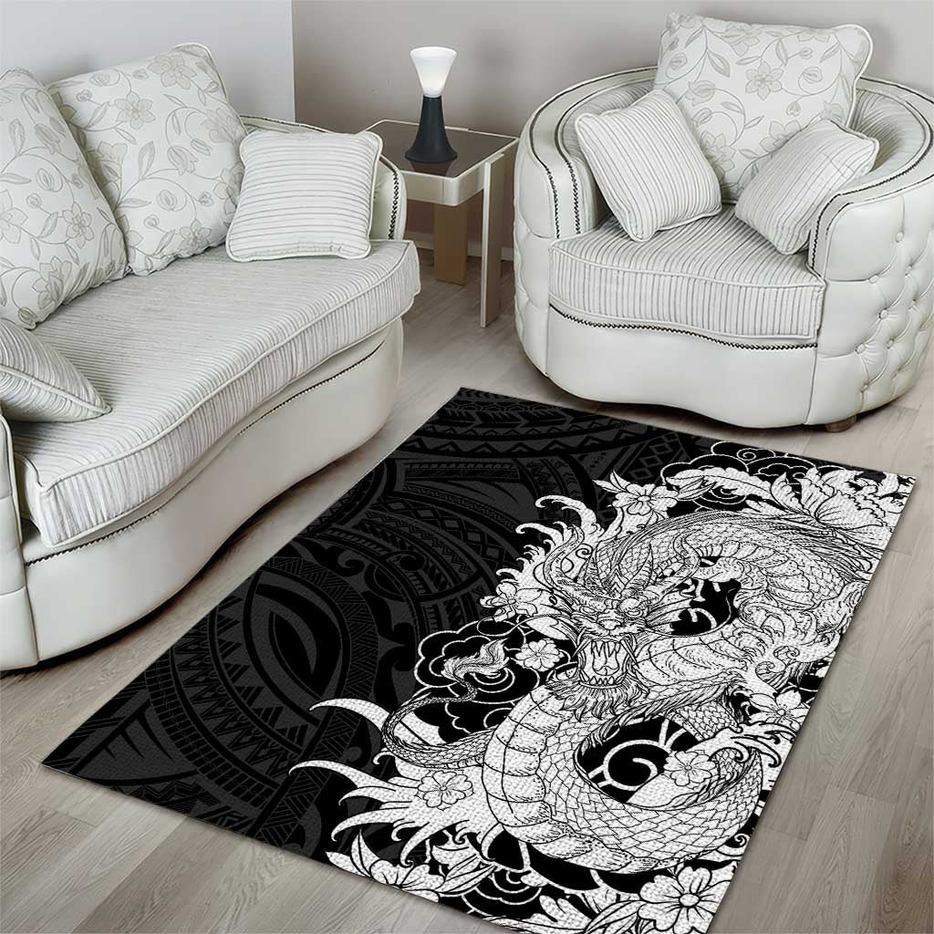 Hawaiian And Japanese Culture Area Rug Irezumi Dragon With Polynesian Pattern Black LT05 - Polynesian Pride