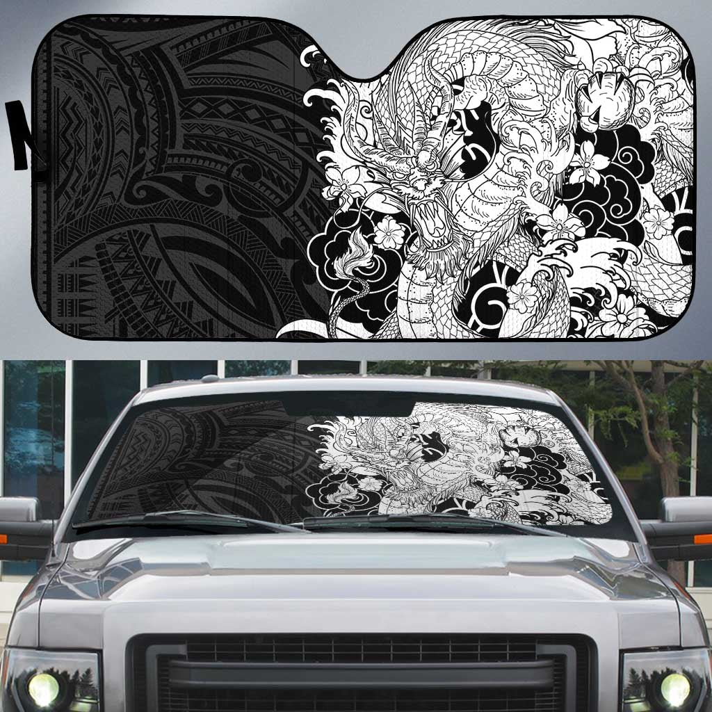 Hawaiian And Japanese Culture Auto Sun Shade Irezumi Dragon With Polynesian Pattern Black LT05 Black - Polynesian Pride