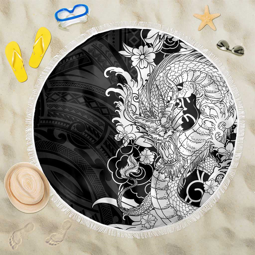 Hawaiian And Japanese Culture Beach Blanket Irezumi Dragon With Polynesian Pattern Black LT05 One Size 150cm Black - Polynesian Pride