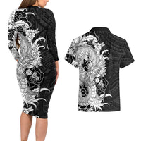 Hawaiian And Japanese Culture Couples Matching Long Sleeve Bodycon Dress and Hawaiian Shirt Irezumi Dragon With Polynesian Pattern Black - Polynesian Pride