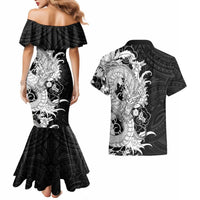 Hawaiian And Japanese Culture Couples Matching Mermaid Dress and Hawaiian Shirt Irezumi Dragon With Polynesian Pattern Black - Polynesian Pride