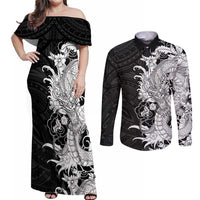 Hawaiian And Japanese Culture Couples Matching Off Shoulder Maxi Dress and Long Sleeve Button Shirt Irezumi Dragon With Polynesian Pattern Black LT05 Black - Polynesian Pride