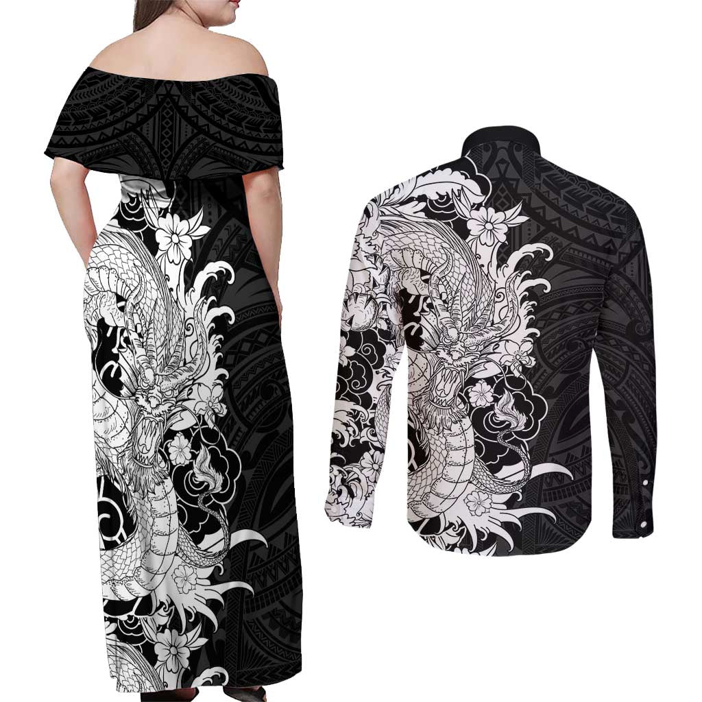 Hawaiian And Japanese Culture Couples Matching Off Shoulder Maxi Dress and Long Sleeve Button Shirt Irezumi Dragon With Polynesian Pattern Black LT05 - Polynesian Pride