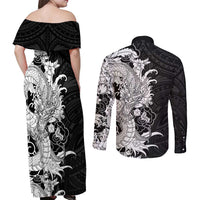 Hawaiian And Japanese Culture Couples Matching Off Shoulder Maxi Dress and Long Sleeve Button Shirt Irezumi Dragon With Polynesian Pattern Black LT05 - Polynesian Pride