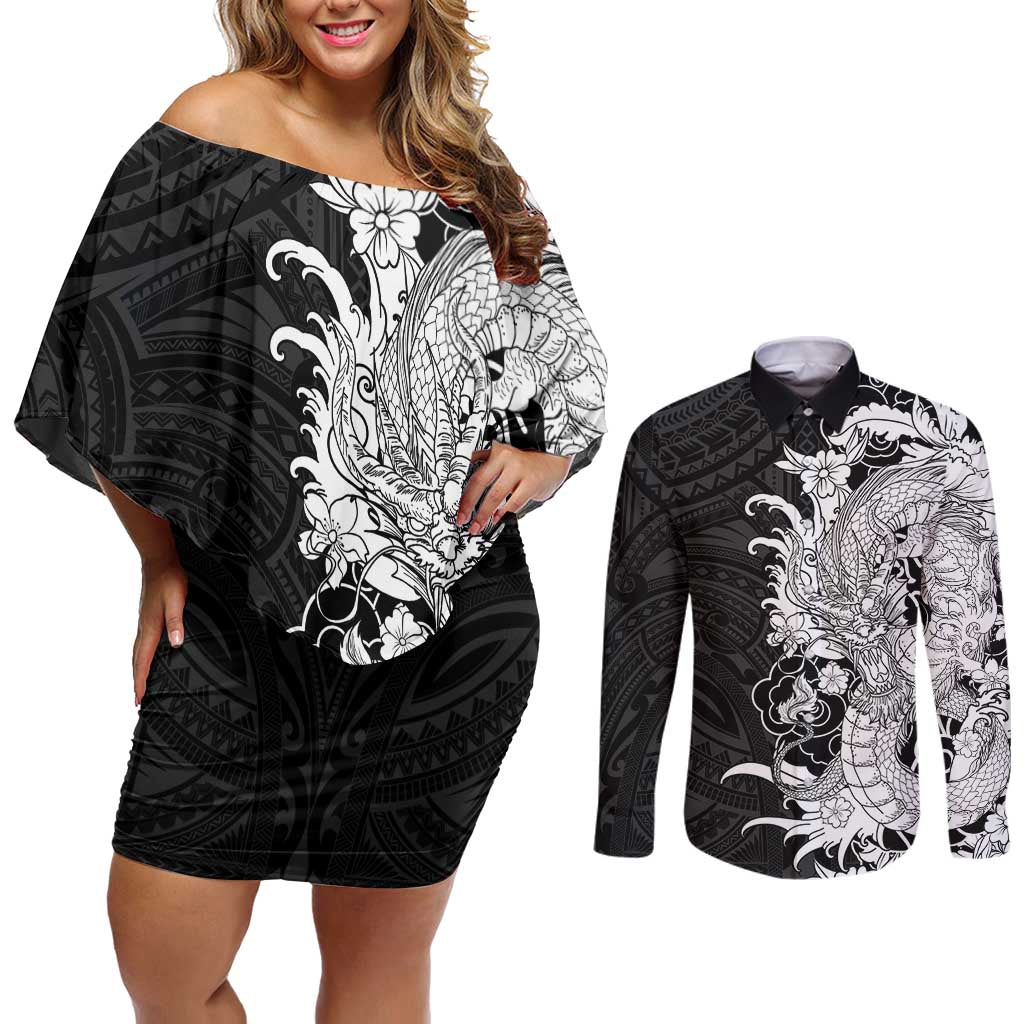 Hawaiian And Japanese Culture Couples Matching Off Shoulder Short Dress and Long Sleeve Button Shirt Irezumi Dragon With Polynesian Pattern Black LT05 Black - Polynesian Pride
